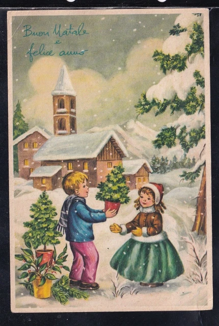 Cartolina Buon Natale e Felice Anno Bambini Chiesa Neve Z1357