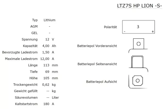 Shido LTZ7S HP Lithium Ionen Batterie 12V LiFePO (YTX7L-BS YTZ7S YTZ6V YTZ8V) 3