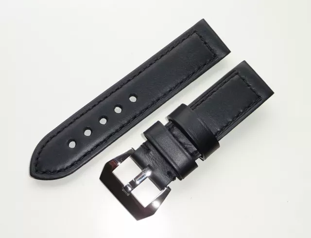 24mm Hand-knit Black Genuine Leather Band Strap with Polished Buckle fit PANERAI