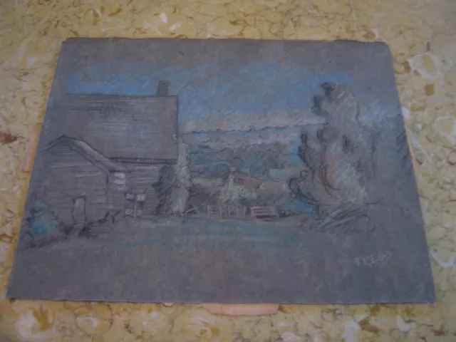 Vtg Antique Early 20th Cent. E A Trego Charcoal Drawing of Landscape & House