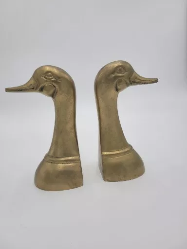 Mid-Century Solid Brass 1960s Pair of Duck Head Bookends Vintage Patina Charm