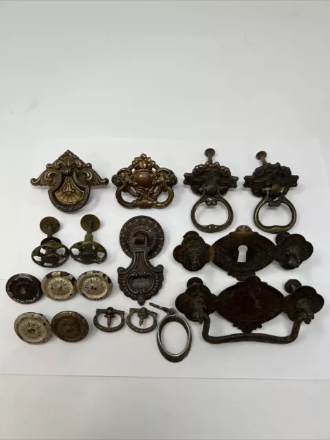 Antique Brass DROP DRAWER PULL Knobs Victorian Misc. LOT of (17)