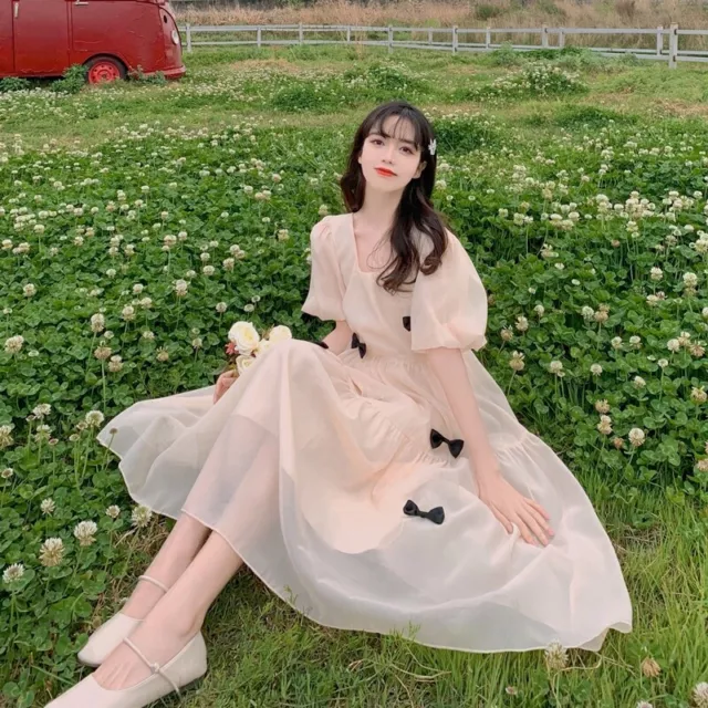Donna Rete Fairy Abito Lolita Puff Maniche Fiocco Dolce Elegante Ballo