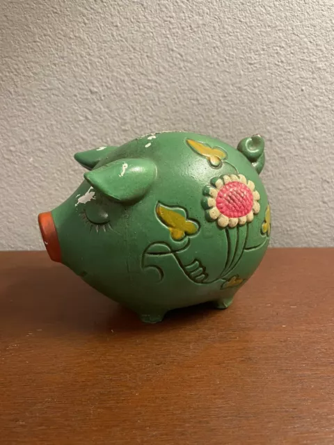 Vintage Retro Kitschy Green Pig Piggy Bank Flowers