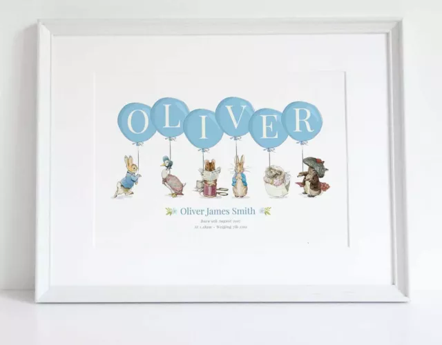 Personalised Peter Rabbit Balloon Name Birth Nursery Print Christening UNFRAMED