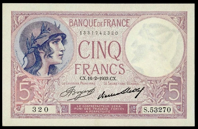 France 5 Francs Violet 16-2-1933 Au Wonderful Banknote Scarce Date See Photos!