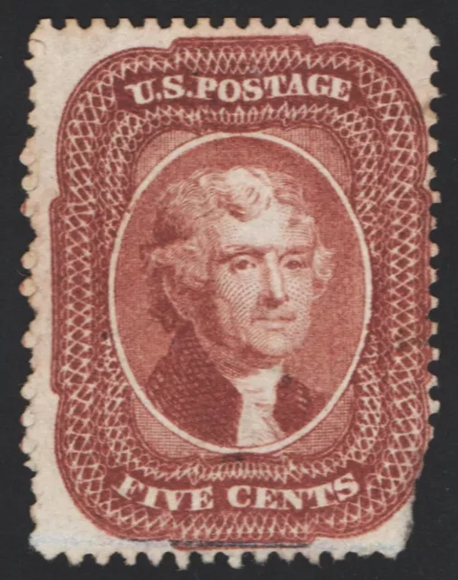 US Sc# 28 USED { "SCARCE 5c RED BROWN TYPE I' } JEFFERSON FROM 1857 CV$ 1,100.00