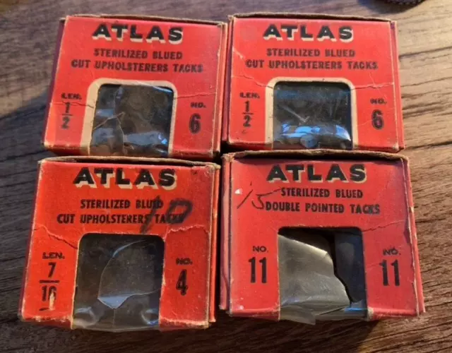 Four Packages of Vintage Atlas Brand Sterilized Blued Double Pointed Tacks