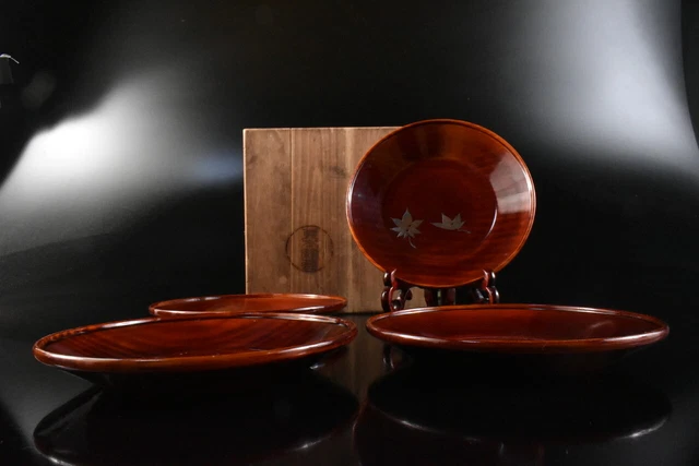 M1373: Japanese Wooden Lacquer ware Flower SERVING PLATE/dish 4pcs, w/signed box