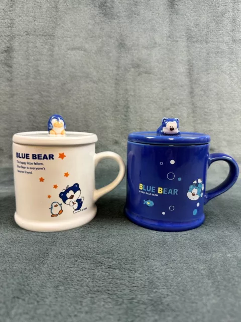 RARE! 2 Vintage 1994 Morning Glory Korea Blue Bear Ceramic Mugs Tea Cup Lid 10oz