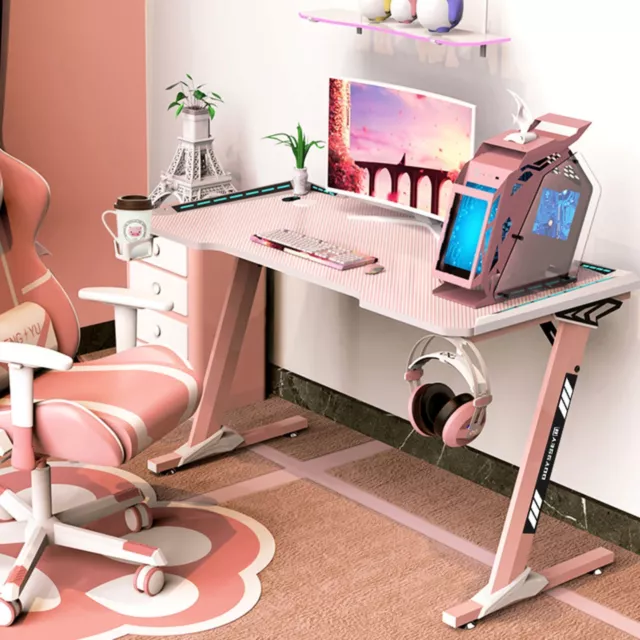 Pink Gaming Desk Computer Desk Office Home Desk with LED Lights RGB Lighting