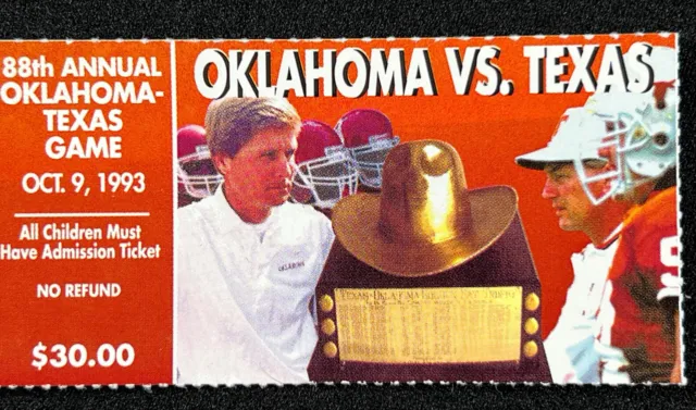 1993 Oklahoma Sooners Texas Longhorns Ticket Stub Cotton Bowl Gibbs Mackovic