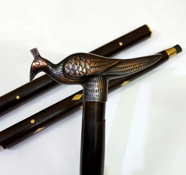 Vintage Brass Handle Peacock Design Wooden Cane Walking Stick Antique Style Gift