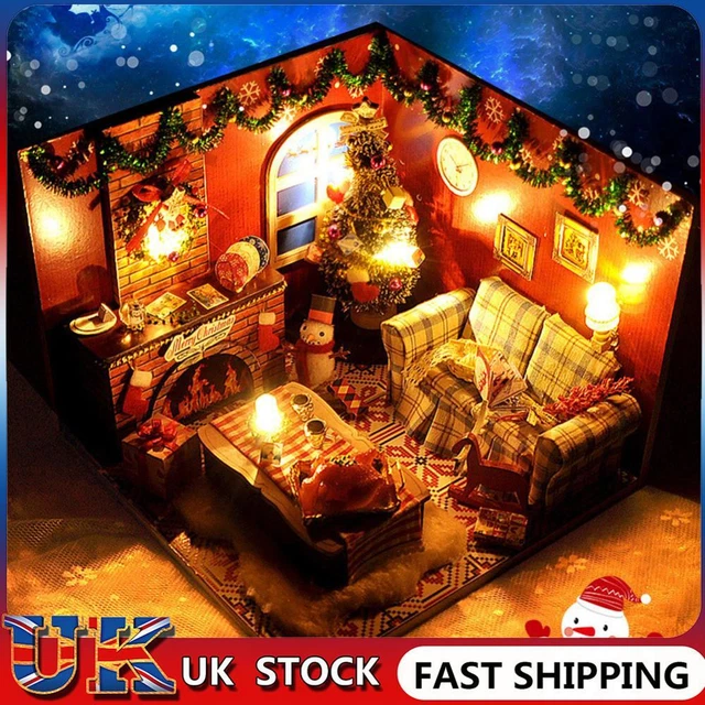 Xmas Wooden DIY Doll House with Dust Cover and Accessories Model House Kit