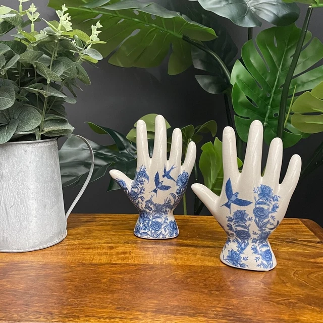 Swallow and Rose Ceramic Hand Ornament Rockabilly Decorative Blue White Small