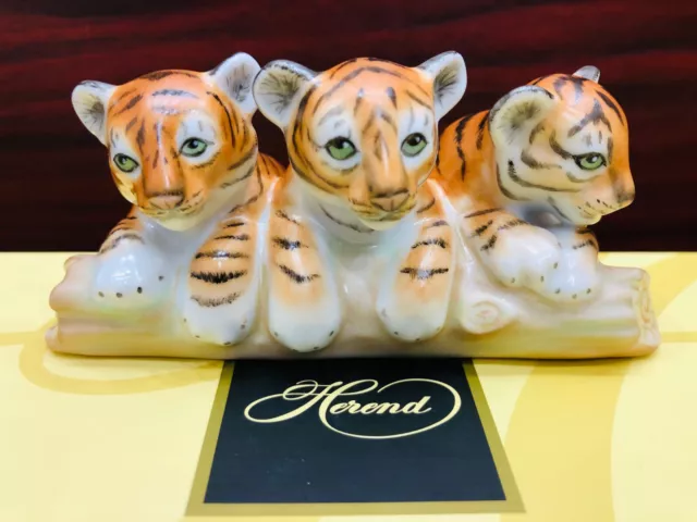 Herend Baby Siberian Tigers On Log  Natural Matte Figurine,Brand New Boxed