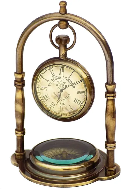 Horloge de table à pendule antique Victoria London en laiton avec boussole...