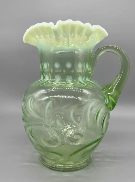 Fenton / Jefferson  Green / Uranium Opalescent Buttons & Braids Pitcher