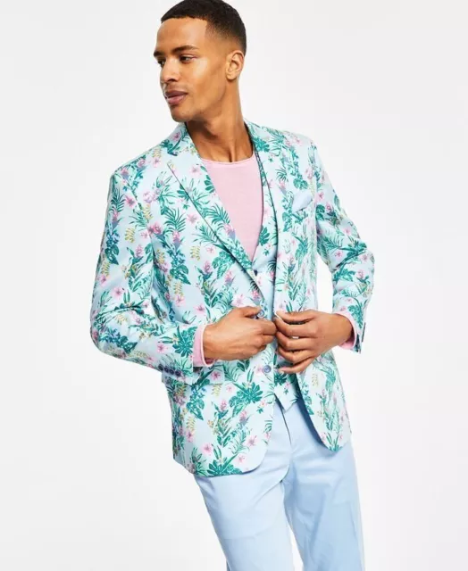 Bar III Mens 42R Slim-Fit Floral Print Blue Pink Sport Coat Blazer Jacket