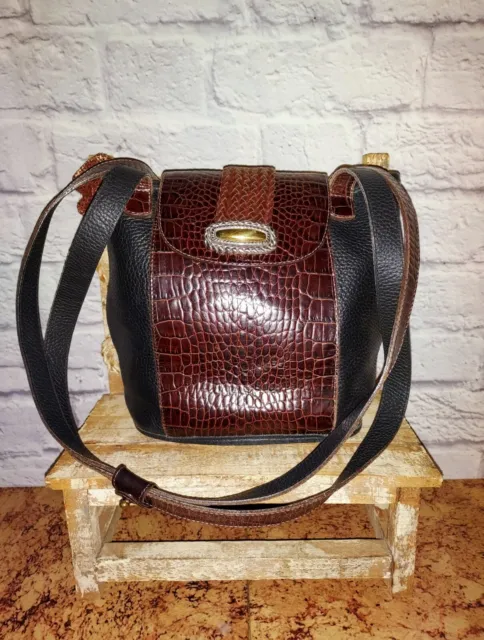 Vintage Brighton Black & Brown Croc Embossed Leather Tote Shoulder Bag Purse