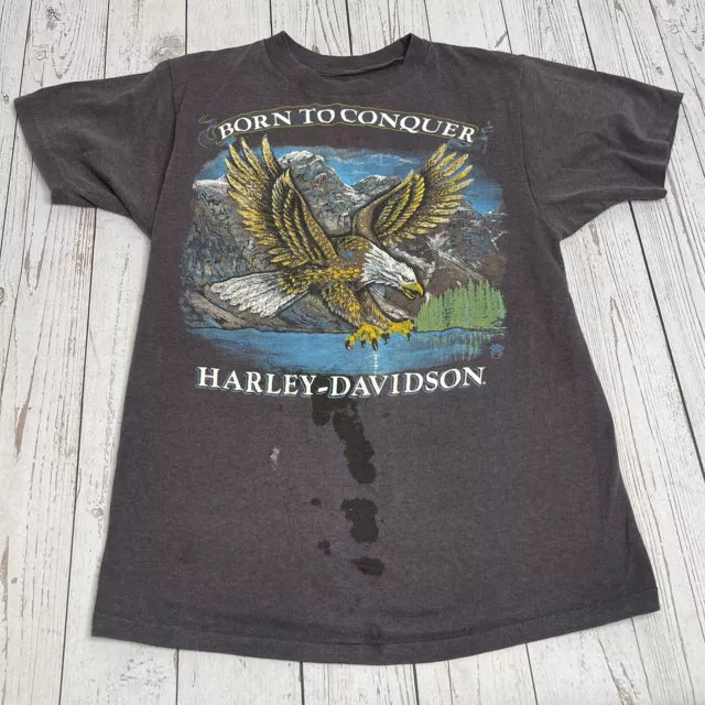 VTG Harley Davidson 3D Emblem Single Stitch T Shirt Born to Conquer Eagle XSmall