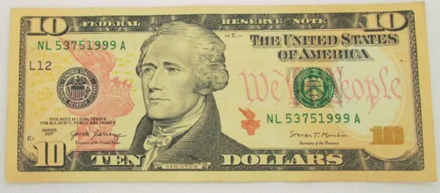 TEN US Dollar Federal Note_Series 2017_Fancy Serial #_Birthday_NL 5375/1999 A