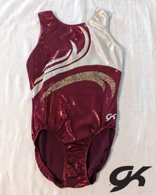 COMPETITION GK Elite Adult Large AL Gymnastics Dance Leotard White Maroon SEQUIN