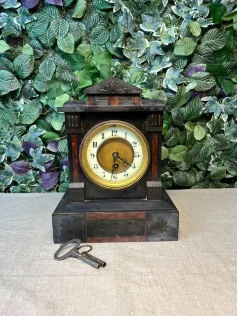 Decorative Vintage Black Slate Mantle Clock Timepiece - working