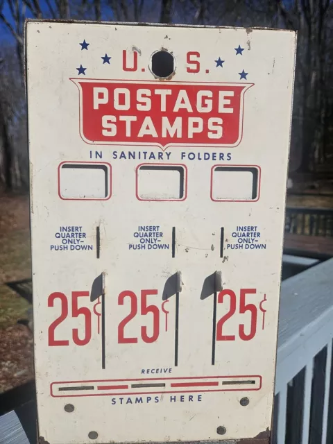 Vintage Metal US Mail Postage Stamp Vending Machine Dispenser 3 25 Cent Slots