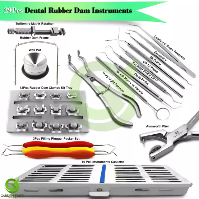 29 Dental Rubber Dam Clamps Forceps Tray Kit Endo Restorative Spreader Cassette