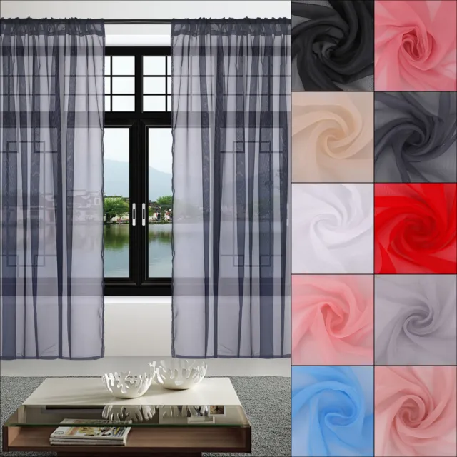 Voile Curtains Pair (2 Panels) Sheer Net Slot Top Window Kitchen Curtain Panels