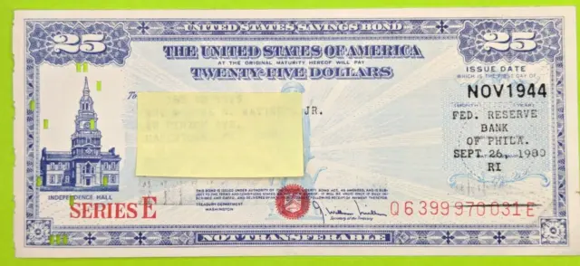 Nov 1944- $25 US Savings Bond Series E Independence Hall Philadelphia Punch Card