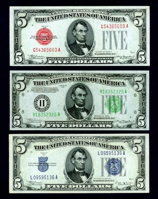 1928 C  $5 red seal - 1934  $5 green  - 1934 B blue seal silver certificate !