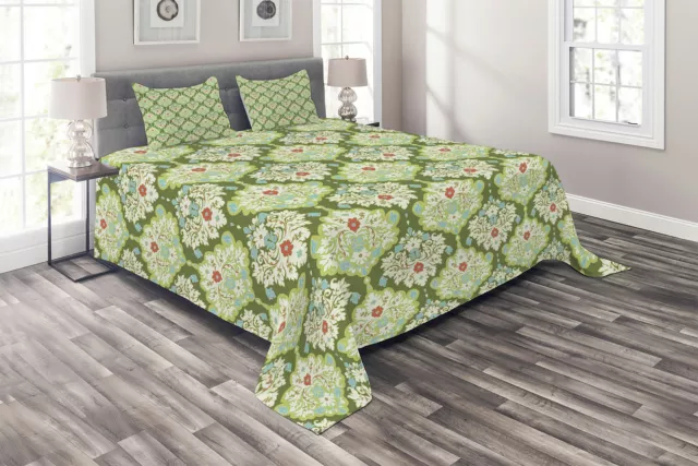 Victorian Quilted Coverlet & Pillow Shams Set, Baroque Floral Figure Print