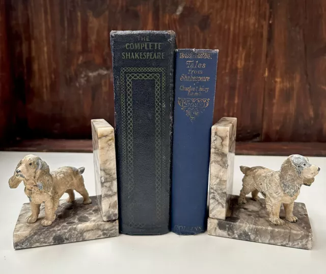ANTIQUE COLD PAINTED SPELTER MARBLE BOOKENDS OF SPANIEL DOGS - CIRCA 1920’s