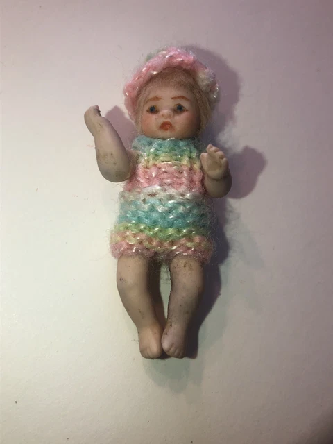 Dollhouse Miniature Artisan Painted Face Strung Bisque Baby Doll Crochet Clothes