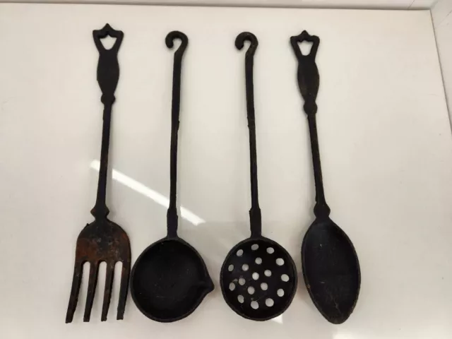 Vtg 4 Kitchen Utensil Black Cast Iron Wall Decoration spoon ladel fork Spoon 11”