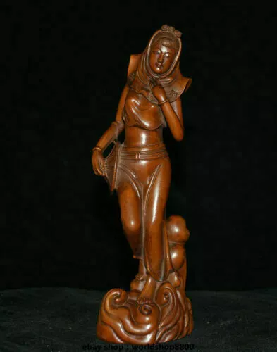 8" Old Chinese Boxwood Hand Carved Dynasty beautiful woman beauty Belle Statue