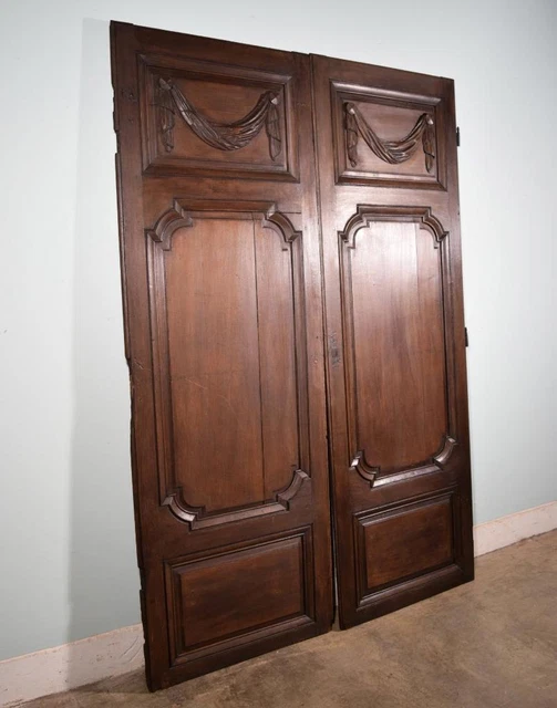 *92" Tall Pair of Antique French Solid Oak Wood Doors With Carvings