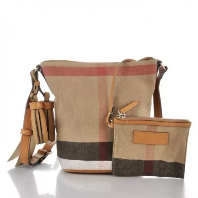 BURBERRY Canvas Mega Check Mini Ashby Tassel Crossbody Saddle Brown