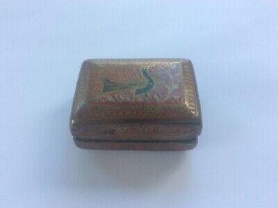 Vintage Brass & Enamel Pill Snuff or Trinket Box with Bird decoration Indian
