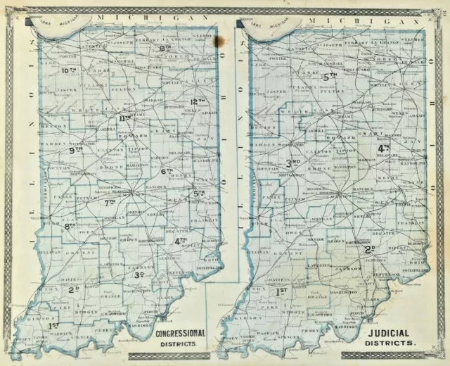 1877 Atlas Map Indiana Congressional Judicial Districts East Hemisphere Antique