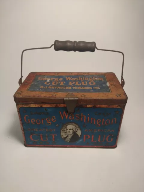 VINTAGE GEORGE WASHINGTON Cut Plug Pipe Chewing Tobacco Tin With Wood ...