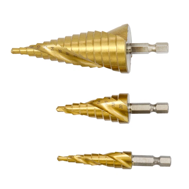 3pcs HSS Spiral Groove Step Drill Bit Set 1/4" Hex Shank For Metal Sheet Wood
