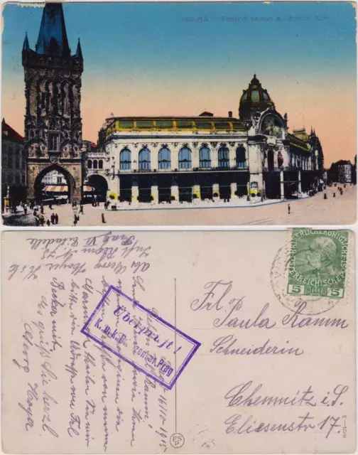 Postcard Prag Praha Prasna brana aobecni dum/Stadttor und Straßen 1915