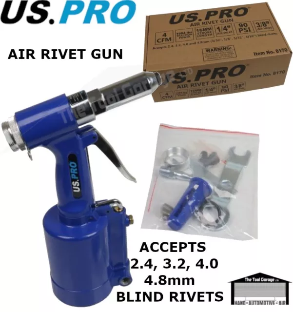 US PRO Tools Air Hydraulic Pneumatic Riveter Rivet Riveting Gun Set NEW 8170