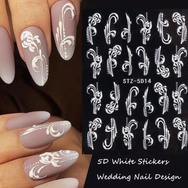 Embossed Flower Winter Sliders 5D Acrylic Wedding Design White Nail Stickers