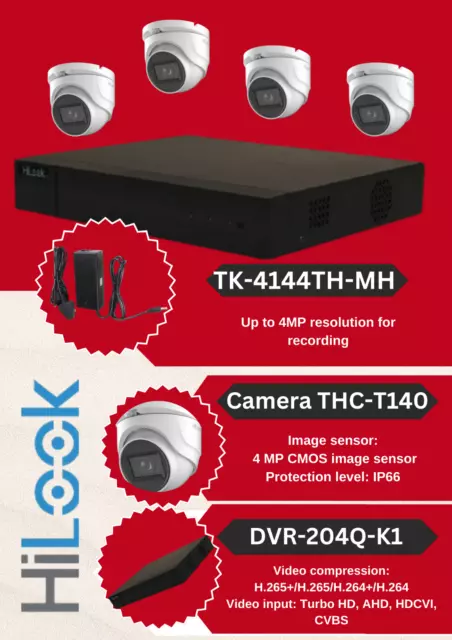 HiLook CCTV KIT TK-4144TH-MH Inc 4CH DVR, 4*4MP KAMERAS, 1 TB FESTPLATTE