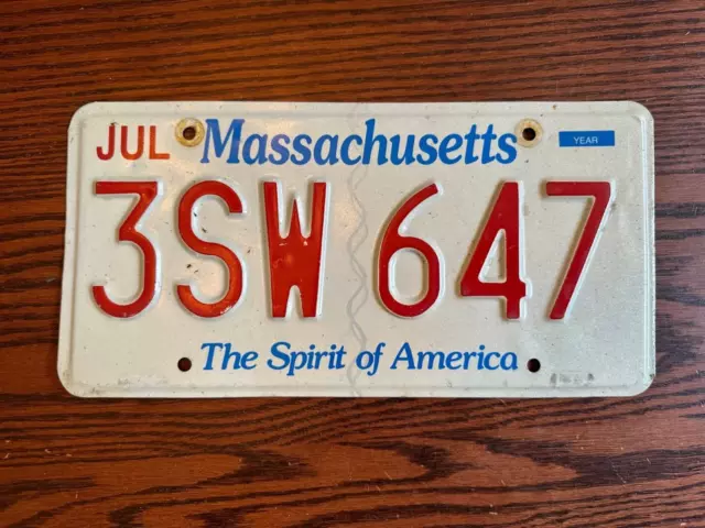 Massachusetts License Plate 3SW 647 Spirit of America MA USA Authentic July
