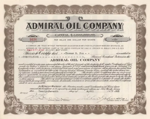 Admiral Oil Co. - Stock Certificate - Oil Stocks and Bonds